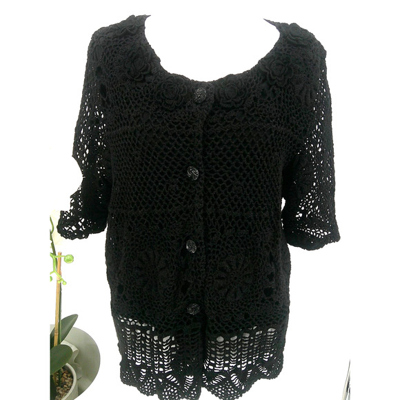 Nicole Marie Womens Size M Black Crochet Floral Boho Cardigan Sweater Top - Picture 1 of 7